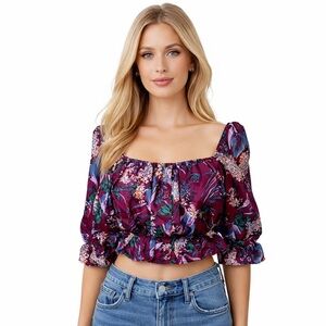 REFORMATION Floral Peplum Top Buttons Cottage Milkmaid Square Neck Crop Size S/M